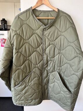 Quilted Olive Green Button-Front Jacket